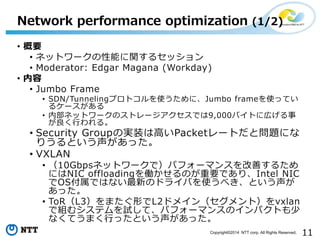 11Copyright?2014 NTT corp. All Rights Reserved.
? Ҫ
? ͥåȥ`ܤv륻å
? Moderator: Edgar Magana (Workday)
? 
? Jumbo Frame
? SDN/TunnelingץȥʹˡJumbo frameʹäƤ
륱`
? ڲͥåȥ`Υȥ`Ǥ9,000ХȤˎڤ
Ф롣
? Security GroupΌgװϸߤPacket`ȤȆ}ˤ
ꤦȤä
? VXLAN
? 10Gbpsͥåȥ`ǣѥե`ޥ󥹤Ƥ뤿
ˤNIC offloadingPΤҪǤꡢIntel NIC
OSǤϤʤ¤Υɥ饤Фʹ٤Ȥ
ä
? ToRL3ޤΤL2ɥᥤ󣨥ȣvxlan
ǽMॷƥԇơѥե`ޥ󥹤ΥѥȤ
ʤƤޤФäȤä
Network performance optimization (1/2)
 