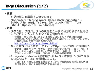 13Copyright?2014 NTT corp. All Rights Reserved.
? Ҫ
? ΌhՓ륻å
? Moderator: ThierryCarrezOpenstackFoundation)
Subbu Allamaraju (eBay)Jon proulx (MIT)Tom
FifieldOpenstack Foundation
? 
? ȤϡץȤ״B`˷֤䤹
ȤĿġץȚ˹롣
? ϡƤƤҎץȤIntegrated
releaseäƤʤȡһɷǹʽȒQƤޤץ
Ț״rǧeˤv餺
http://ttx.re/the-way-forward.html
? यmɤȤҊȤOperatorϣ
? ԡ\ԣåץ`ɤˌꤷƤ뤫`ӥ
ƥɥȤ״rХΥХåݩ`ȡѥå`
ץgλQԡץgvS
? Integrated releaseꚰΥ`ȫ˴Ǥ
Τˤʤ뤫Ȥ|ˌơ
? ץgλQԤ饤֥λQԤ򱣤۸δ
ϤǤʤȤ񶨵ĤĿä
Tags Discussion (1/2)
 
