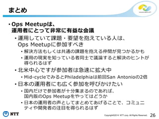 26Copyright?2014 NTT corp. All Rights Reserved.
? Ops Meetupϡ
\ߤˤȤäƷǳʻh
? \äƤn}?Ҫ򱧤Ƥˤϡ
Ops Meetup˲μӤ٤
? Q⤷Ϲͨn}򱧤gҊĤ뤫
? \äάFg֪äƤͬʿhՓȽQΥҥȤ
äϤ
? ĤǤμߤϼ٤˒
? Mid-cycleǤߤPhiladelphiaǰSan Antonio2
? ձ\ߤˤڤμӤӤ
? ڤǲμߤʮּޤΤǤС
ڰOps MeetupäƤϤɤ
? ձ\ߤȤƤޤȤƤ뤳Ȥǡߥ
ƥ_kߤעĿäϤ
ޤȤ
 
