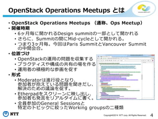 4Copyright?2014 NTT corp. All Rights Reserved.
? OpenStack Operations Meetups ͨơOps Meetup
? _ߕr
? 6_Design summitһȤ_
? ˡSummitgMid-cycleȤ_롣
? Ĥޤ3ؤParis SummitVancouver Summit
gϡ
? λäŤ
? OpenStack\äΆ}򅧼
? ץ饯ƥ䘋ɤιФΈ
? \ߤηeOĤʲλ٤
? ʽ
? ModeratorMۤȤʤꡢ
μߤƤ놖}
QΤhՓ٤
? Etherpad򥹥`ӳ
μߤkԤꥢ륿˕
? ȫTμӤGeneral Sessions
ضΥȥԥå˽gäWorking groupsζN
OpenStack Operations Meetups Ȥ
 
