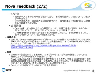8Copyright?2014 NTT corp. All Rights Reserved.
? Shelve
? 祱`ǤʒӤФäƤꡢޤƷ|ˤ_ƤʤȤ
ä
? ӥͥȤΥ˩`θߤJ֪ƤꡢȡMޤʤФʤn}
ȤJRƤ
? {
? CephʹäƤ뤫Ȥ|ˌơǒ֤ˏꤸˤΤ
50ʹäƤơ50ʹäƤʤȤYä
? LiveMigrationʹäƤ뤫Ȥ|ˌơ 50ʹäƤơ
50ʹäƤʤȤYä
? h
? Dev MLnova-networkؤΥޥ`֧Ԯĩ`ץ
Kilo`ޤһYˤʤ뤳Ȥk줿ޤnova-network`
ȤΥåפ󤭤JR줿ᡣ
http://lists.openstack.org/pipermail/openstack-dev/2015-
March/060029.html
? 
? OperatorhȤȤ⤢ꡢޥ`󤬴󤭤Ԓ}ˤʤäƤ
ȴΥ`ҕ?ؤƤ롣
? Nova-networkΎֹޤǤϤޤrgꤽˤϴ_ФΤ
DVRuʼƤ`⤪ꡢޤɥȤФȤ
ƤФ⤪ꡢŌgǰMƤӡܤ
? CephʤʹƤȤӡܤ
Nova Feedback (2/2)
 