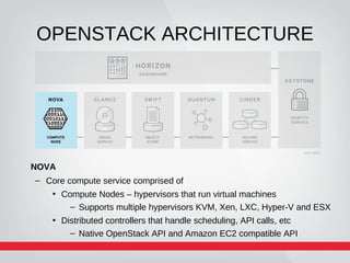 OPENSTACK ARCHITECTURE
Glance
– Image service
– Stores and retrieves disk images (virtual machine templates)
– Supports Ra...