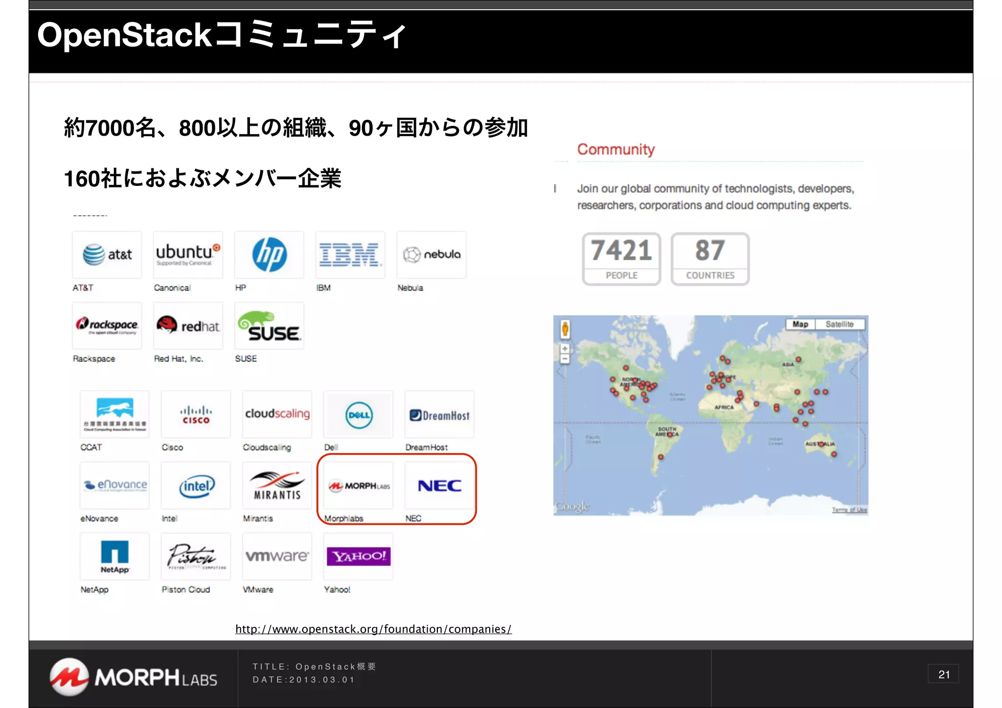OpenStackコミュニティ

 約7000名、800以上の組織、90ヶ国からの参加

 160社におよぶメンバー企業




          http://www.openstack.org/foundation/companies/


            TITLE: OpenStack概要
            D AT E : 2 0 1 3 . 0 3 . 0 1
                                                           21
 