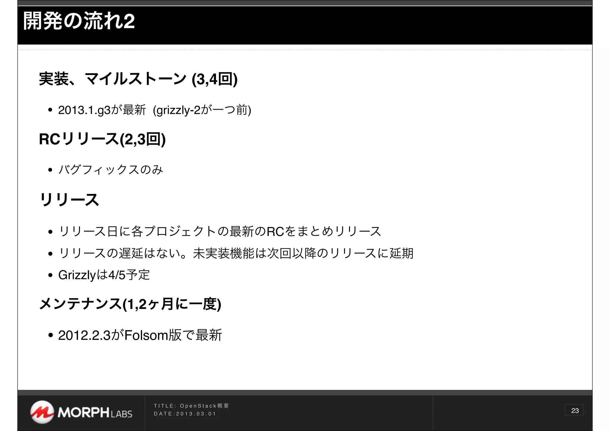 開発の流れ2

実装、マイルストーン (3,4回)

 • 2013.1.g3が最新   (grizzly-2が一つ前)

RCリリース(2,3回)

 • バグフィックスのみ
リリース

 • リリース日に各プロジェクトの最新のRCをまとめリリース
 • リリースの遅延はない。未実装機能は次回以降のリリースに延期
 • Grizzlyは4/5予定
メンテナンス(1,2ヶ月に一度)

 • 2012.2.3がFolsom版で最新


                  TITLE: OpenStack概要
                  D AT E : 2 0 1 3 . 0 3 . 0 1
                                                 23
 