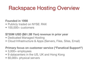 Rackspace Hosting Overview Founded in 1998 Publicly traded on NYSE: RAX 100,000+ customers $735M USD ($61.3B Yen) revenue in prior year Dedicated Managed Hosting Cloud Infrastructure & Apps (Servers, Files, Sites, Email) Primary focus on customer service ("Fanatical Support") 3,000+ employees 9 datacenters in the US, UK and Hong Kong 60,000+ physical servers 