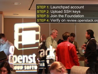 STEP 1: Launchpad account
STEP 2: Upload SSH keys
STEP 3: Join the Foundation
STEP 4: Verify on review.openstack.org
 