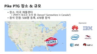 Pike PTG 장소 & 규모
• 장소: 미국 애틀랜타
• (하반기 장소는 논의 중: Denver? Somewhere in Canada?)
• 참석 인원: 508명 등록, 478명 참석
(Sponsors)
 