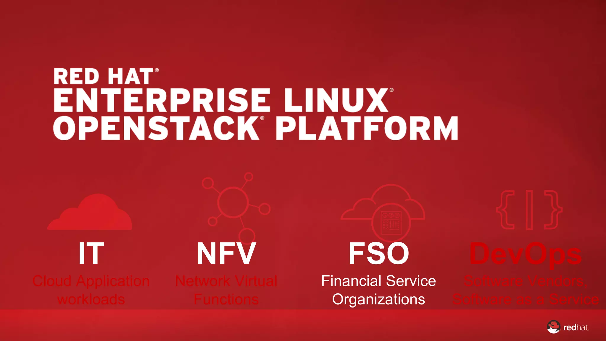 FSO 
Financial Service 
Organizations 
DevOps 
Software Vendors, 
Software as a Service 
NFV 
Network Virtual 
Functions 
IT 
Cloud Application 
workloads 
 