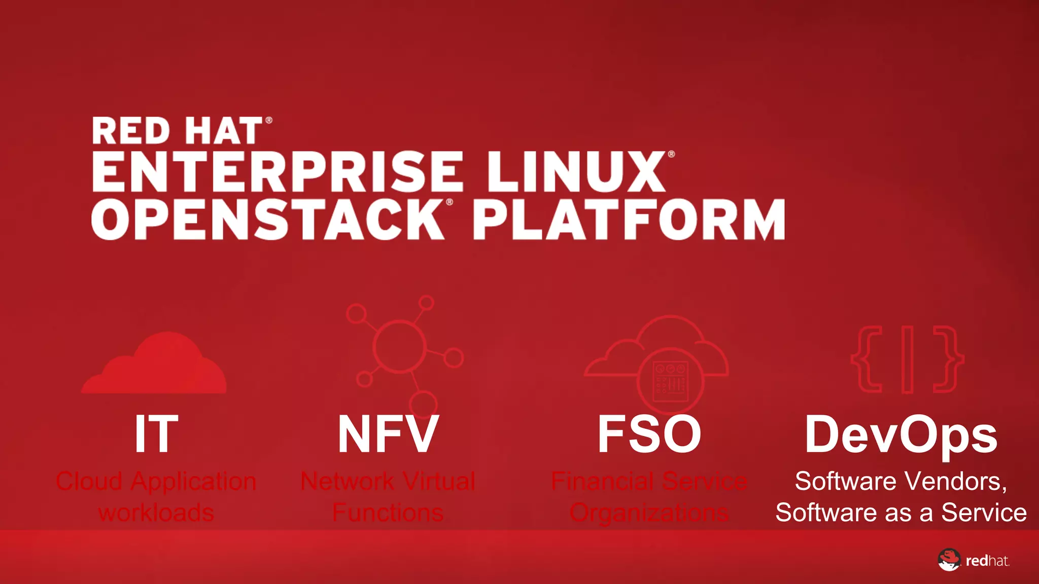 FSO 
Financial Service 
Organizations 
DevOps 
Software Vendors, 
Software as a Service 
NFV 
Network Virtual 
Functions 
IT 
Cloud Application 
workloads 
 