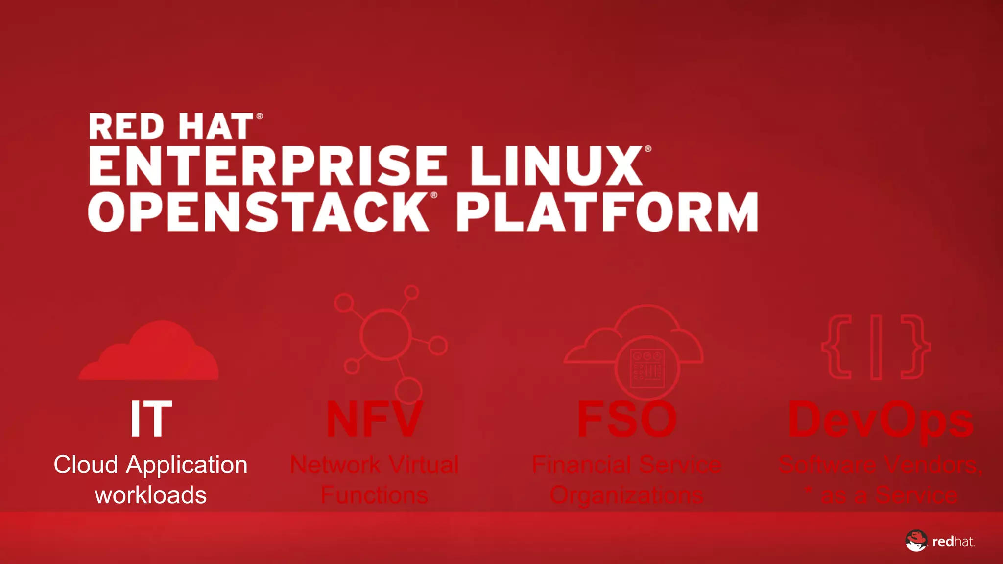 FSO 
Financial Service 
Organizations 
DevOps 
Software Vendors, 
* as a Service 
NFV 
Network Virtual 
Functions 
IT 
Cloud Application 
workloads 
 
