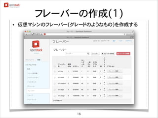 フレーバーの作成(1)
•

仮想マシンのフレーバー(グレードのようなもの)を作成する

16

 