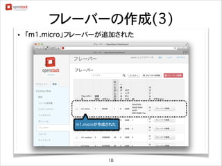 フレーバーの作成(3)
•

「m1.micro」フレーバーが追加された

m1.microが作成された

18

 