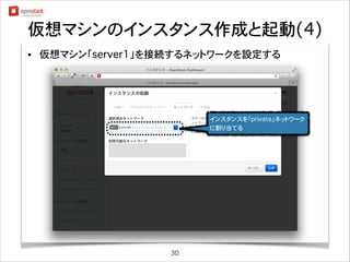 仮想マシンのインスタンス作成と起動(4)
•

仮想マシン「server1」を接続するネットワークを設定する

インスタンスを「private」ネットワーク
に割り当てる

30

 