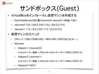 サンドボックス(Guest)
•

VirtualBoxをインストールし仮想マシンを作成する
•
•

vboxnet0 192.168.0.240 (192.168.0.0/24)

•

•

HostOnlyNetworkを2面(vboxnet0/vboxnet1)作成しておく

vboxnet1 172.16.0.240 (172.16.0.0/24)

仮想マシンのスペック
•

CPU x 1 / HDD 20GB(VDI) / MEM 2GB

•

Network
•

Adapter1 (vboxnet0)
※ネットワーク->高度->プロミスキャスモード->「すべて許可」/DHCP off

•

Adapter2 (vboxnet1)
※ネットワーク->高度->プロミスキャスモード->「すべて許可」/DHCP off

•

Adapter3 (NAT)
7

 