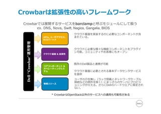 Crowbarは拡張性の⾼いフレームワーク
Crowbarでは展開するサービスをbarclampと呼ぶモジュールにして扱う
       ex. DNS, Nova, Swift, Nagios, Gangalia, BIOS
                                       クラウド基盤を実装するのに必要なコンポーネントが含
                      APIs, ユーザアクセス、   まれている。
                      ECOパートナ
 Dell “Crowbar”運用管理




                                       クラウドに必要な様々な機能コンポーネントをプラグイ
                                       ン可能。コミュニティやお客様にもオープン
                      クラウド基盤 & 拡張性



                                       既存のDell製品と連携が可能
                      コアコンポーネント &
                      オペレーティングシス
                      テム               クラウド基盤に必要とされる基本データセンタサービス
                                       を提供
                                       ユーザの介在無し（ラック搭載とネットワークケーブル
                                       接続などの例外を除く）にまっさらのサーバにプロビジ
                      物理リソース
                                       ョニングが⾏える。さらにDellのハードウエアに限定され
                                       ない。

                          * CrowbarはOpenStack以外のサービスへの適⽤も可能性がある
 