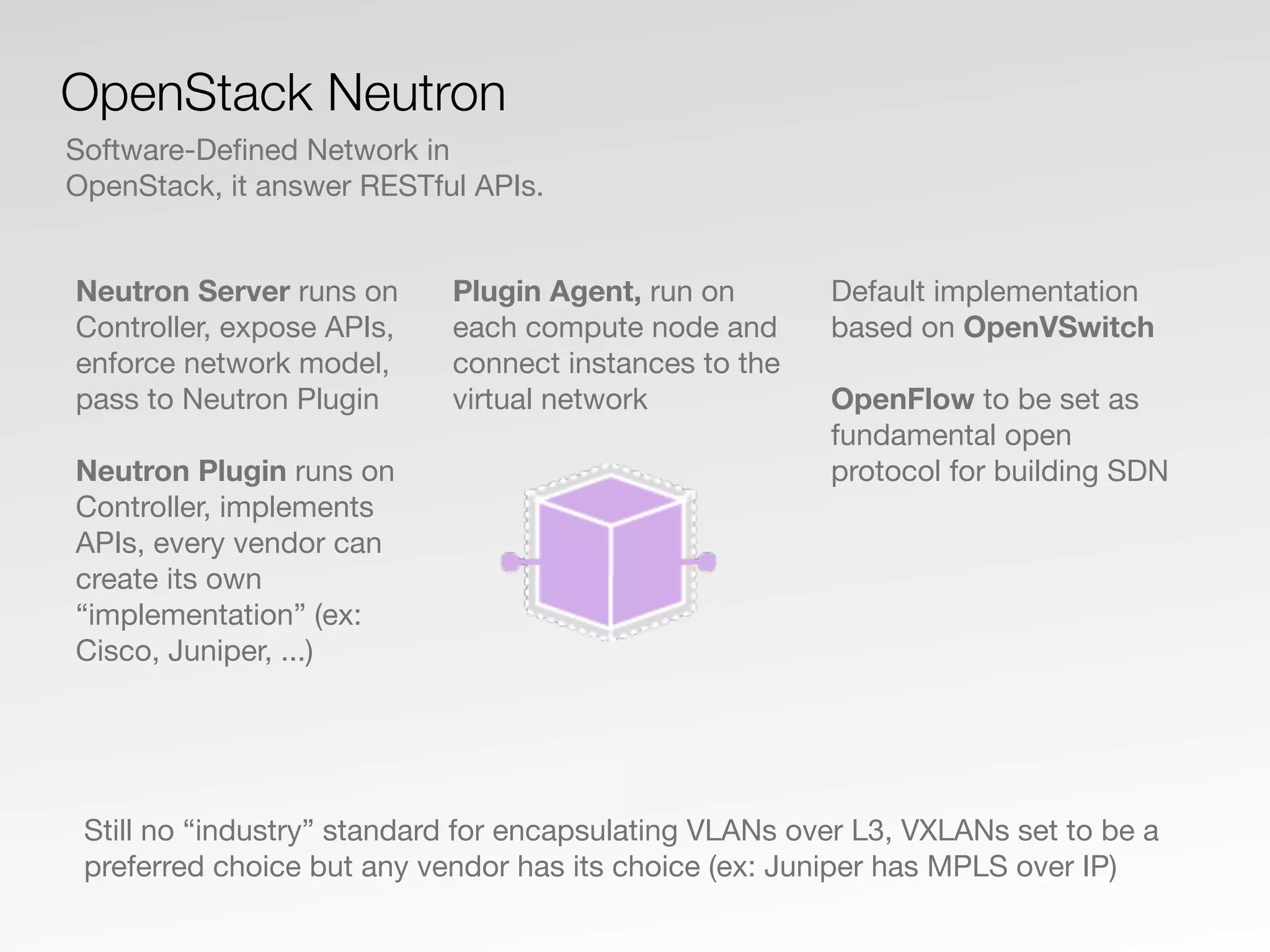 Neutron Server runs on
Controller, expose APIs,
enforce network model,
pass to Neutron Plugin
Neutron Plugin runs on
Controller, implements
APIs, every vendor can
create its own
“implementation” (ex:
Cisco, Juniper, ...)
Plugin Agent, run on
each compute node and
connect instances to the
virtual network
Default implementation
based on OpenVSwitch
OpenFlow to be set as
fundamental open
protocol for building SDN
OpenStack Neutron
Software-Deﬁned Network in
OpenStack, it answer RESTful APIs.
Still no “industry” standard for encapsulating VLANs over L3, VXLANs set to be a
preferred choice but any vendor has its choice (ex: Juniper has MPLS over IP)
 