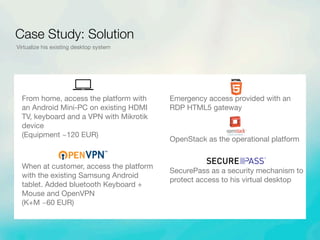 From home, access the platform with
an Android Mini-PC on existing HDMI
TV, keyboard and a VPN with Mikrotik
device
(Equipment ~120 EUR)
When at customer, access the platform
with the existing Samsung Android
tablet. Added bluetooth Keyboard +
Mouse and OpenVPN
(K+M ~60 EUR)
Emergency access provided with an
RDP HTML5 gateway
OpenStack as the operational platform
SecurePass as a security mechanism to
protect access to his virtual desktop
Case Study: Solution
Virtualize his existing desktop system
 