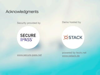 Acknowledgments
TM
Demo hosted by
powered by teuto.net
www.ostack.de
Security provided by
www.secure-pass.net
 