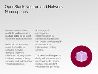 Namespaces enables
multiple instances of a
routing table to co-exist
within the same Linux box
Network namespaces
make it possible to
separate network
domains (network
interfaces, routing tables,
iptables) into completely
separate and independent
virtual datacenters
Advantage of
namespaces
implementation in
Neutron is that tenants
can create overlapping IP
addresses and
independent routing
schema
The neutron-l3-agent is
designed to use network
namespaces to provide
multiple independent
virtual routers per node.
OpenStack Neutron and Network
Namespaces
 