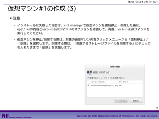 第2日 ハンズオンガイド No.1

仮想マシン#1の作成 (3)
■

注意
- インストールに失敗した場合は、virt-managerで仮想マシンを強制停止・削除した後に、
opst1.ksの内容とvirt-installコマンドのオプションを確認して、再度、virt-installコマンドを
実行してください。
- 仮想マシンを停止/削除する際は、対象の仮想マシンの右クリックメニューから「強制停止」/
「削除」を選択します。削除する際は、「関連するストレージファイルを削除する」にチェック
を入れたままで「削除」を実施します。

11
Copyright (C) 2014 National Institute of Informatics, All rights reserved.

 