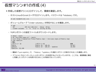 第2日 ハンズオンガイド No.1

仮想マシン#1の作成 (4)
■

作成した仮想マシンにログインして、環境を確認します。
- ホストLinuxからrootユーザでログインします。パスワードは「edubase」です。
$ ssh root@172.16.□.11

- ボリュームグループ「cinder-volumes」が存在することを確認します。
# vgs
VG
#PV #LV #SN Attr
VSize VFree
cinder-volumes
1
0
0 wz--n- 19.97g 19.97g

- YUMリポジトリの設定ファイルをダウンロードします。
# mkdir ~/work
# mv /etc/yum.repos.d/* ~/work/
# curl http://reposerver/files/fedora.repo > /etc/yum.repos.d/fedora.repo
# yum repolist
(中略）
リポジトリー ID
リポジトリー名
状態
fedora
Fedora 18 - x86_64
33,827
updates
Fedora 18 - x86_64 - Updates
18,363
repolist: 52,190
●

●

最後の「yum repolist」で、「fedora」「updates」の2個のリポジトリが表示されることを確認します。
デフォルトではインターネット上のリポジトリを利用するようになっていますが、ここでは、演習環境に事前
に用意したリポジトリを利用するためにこの作業を行なっています。

12
Copyright (C) 2014 National Institute of Informatics, All rights reserved.

 