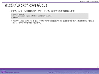 第2日 ハンズオンガイド No.1

仮想マシン#1の作成 (5)
- 全てのパッケージを最新にアップデートして、仮想マシンを再起動します。
# yum -y update
# mv -f /etc/yum.repos.d/fedora-updates* ~/work/
# reboot
●

パッケージをアップデートすると、YUMリポジトリの設定ファイルが追加されますが、演習環境では不要なた
め、mvコマンドで取り除いています。

13
Copyright (C) 2014 National Institute of Informatics, All rights reserved.

 
