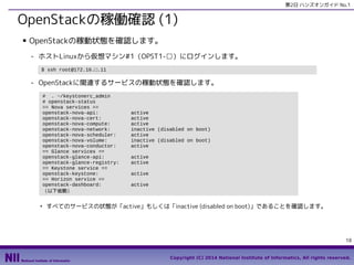 第2日 ハンズオンガイド No.1

OpenStackの稼働確認 (1)
■

OpenStackの稼動状態を確認します。
- ホストLinuxから仮想マシン#1（OPST1-□）にログインします。
$ ssh root@172.16.□.11

- OpenStackに関連するサービスの稼動状態を確認します。
# . ~/keystonerc_admin
# openstack-status
== Nova services ==
openstack-nova-api:
openstack-nova-cert:
openstack-nova-compute:
openstack-nova-network:
openstack-nova-scheduler:
openstack-nova-volume:
openstack-nova-conductor:
== Glance services ==
openstack-glance-api:
openstack-glance-registry:
== Keystone service ==
openstack-keystone:
== Horizon service ==
openstack-dashboard:
（以下省略）
●

active
active
active
inactive (disabled on boot)
active
inactive (disabled on boot)
active
active
active
active
active

すべてのサービスの状態が「active」もしくは「inactive (disabled on boot)」であることを確認します。

18
Copyright (C) 2014 National Institute of Informatics, All rights reserved.

 