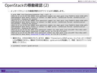 第2日 ハンズオンガイド No.1

OpenStackの稼働確認 (2)
- メッセージキューとの接続状態をログファイルから確認します。
# grep AMQP /var/log/nova/scheduler.log | tail -5
2013-12-12 21:23:03.288 ERROR nova.openstack.common.rpc.impl_qpid [req-f3e997c2-6ba3-4290-a8f4ea9f4a04ab75 None None] Unable to connect to AMQP server: connection-forced: Authentication
failed(320). Sleeping 32 seconds
2013-12-12 21:23:35.297 ERROR nova.openstack.common.rpc.impl_qpid [req-f3e997c2-6ba3-4290-a8f4ea9f4a04ab75 None None] Unable to connect to AMQP server: connection-forced: Authentication
failed(320). Sleeping 60 seconds
2013-12-12 21:24:35.322 ERROR nova.openstack.common.rpc.impl_qpid [req-f3e997c2-6ba3-4290-a8f4ea9f4a04ab75 None None] Unable to connect to AMQP server: connection-forced: Authentication
failed(320). Sleeping 60 seconds
2013-12-12 21:25:10.161 INFO nova.openstack.common.rpc.impl_qpid [req-c2ccc03f-79c3-45a1-ad574c91cf5afcf3 None None] Connected to AMQP server on 172.16.1.11:5672
2013-12-12 21:25:10.256 INFO nova.openstack.common.rpc.impl_qpid [req-c2ccc03f-79c3-45a1-ad574c91cf5afcf3 None None] Connected to AMQP server on 172.16.1.11:5672
●

最初の方は、ERRORが表示されていますが、最後に「Connected to AMQP server」というメッセージが出て
いれば問題ありません。最後までERRORの場合は、qpidd.serviceを再起動して、再度、先のログファイルを
確認してください。

# systemctl restart qpidd.service

19
Copyright (C) 2014 National Institute of Informatics, All rights reserved.

 
