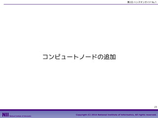 第2日 ハンズオンガイド No.1

コンピュートノードの追加

23
Copyright (C) 2014 National Institute of Informatics, All rights reserved.

 