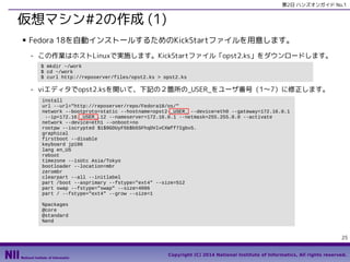 第2日 ハンズオンガイド No.1

仮想マシン#2の作成 (1)
■

Fedora 18を自動インストールするためのKickStartファイルを用意します。
- この作業はホストLinuxで実施します。KickStartファイル「opst2.ks」をダウンロードします。
$ mkdir ~/work
$ cd ~/work
$ curl http://reposerver/files/opst2.ks > opst2.ks

- viエディタでopst2.ksを開いて、下記の２箇所の_USER_をユーザ番号（1〜7）に修正します。
install
url --url="http://reposerver/repo/Fedora18/os/"
network --bootproto=static --hostname=opst2-_USER_ --device=eth0 --gateway=172.16.0.1
--ip=172.16._USER_.12 --nameserver=172.16.0.1 --netmask=255.255.0.0 --activate
network --device=eth1 --onboot=no
rootpw --iscrypted $1$9GDUyF5b$b5SFhqDVlvCXWff7IgbvS.
graphical
firstboot --disable
keyboard jp106
lang en_US
reboot
timezone --isUtc Asia/Tokyo
bootloader --location=mbr
zerombr
clearpart --all --initlabel
part /boot --asprimary --fstype="ext4" --size=512
part swap --fstype="swap" --size=4096
part / --fstype="ext4" --grow --size=1
%packages
@core
@standard
%end
25
Copyright (C) 2014 National Institute of Informatics, All rights reserved.

 