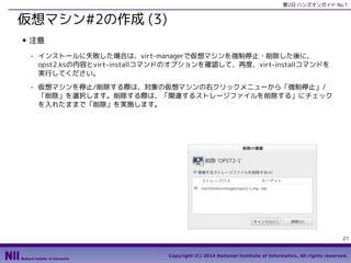 第2日 ハンズオンガイド No.1

仮想マシン#2の作成 (3)
■

注意
- インストールに失敗した場合は、virt-managerで仮想マシンを強制停止・削除した後に、
opst2.ksの内容とvirt-installコマンドのオプションを確認して、再度、virt-installコマンドを
実行してください。
- 仮想マシンを停止/削除する際は、対象の仮想マシンの右クリックメニューから「強制停止」/
「削除」を選択します。削除する際は、「関連するストレージファイルを削除する」にチェック
を入れたままで「削除」を実施します。

27
Copyright (C) 2014 National Institute of Informatics, All rights reserved.

 