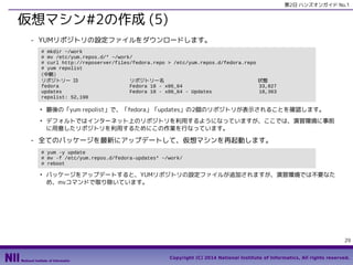 第2日 ハンズオンガイド No.1

仮想マシン#2の作成 (5)
- YUMリポジトリの設定ファイルをダウンロードします。
# mkdir ~/work
# mv /etc/yum.repos.d/* ~/work/
# curl http://reposerver/files/fedora.repo > /etc/yum.repos.d/fedora.repo
# yum repolist
(中略）
リポジトリー ID
リポジトリー名
状態
fedora
Fedora 18 - x86_64
33,827
updates
Fedora 18 - x86_64 - Updates
18,363
repolist: 52,190
●

●

最後の「yum repolist」で、「fedora」「updates」の2個のリポジトリが表示されることを確認します。
デフォルトではインターネット上のリポジトリを利用するようになっていますが、ここでは、演習環境に事前
に用意したリポジトリを利用するためにこの作業を行なっています。

- 全てのパッケージを最新にアップデートして、仮想マシンを再起動します。
# yum -y update
# mv -f /etc/yum.repos.d/fedora-updates* ~/work/
# reboot
●

パッケージをアップデートすると、YUMリポジトリの設定ファイルが追加されますが、演習環境では不要なた
め、mvコマンドで取り除いています。

29
Copyright (C) 2014 National Institute of Informatics, All rights reserved.

 