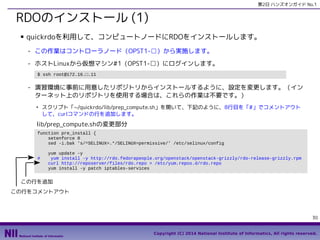 第2日 ハンズオンガイド No.1

RDOのインストール (1)
■

quickrdoを利用して、コンピュートノードにRDOをインストールします。
- この作業はコントローラノード（OPST1-□）から実施します。
- ホストLinuxから仮想マシン#1（OPST1-□）にログインします。
$ ssh root@172.16.□.11

- 演習環境に事前に用意したリポジトリからインストールするように、設定を変更します。（イン
ターネット上のリポジトリを使用する場合は、これらの作業は不要です。）
●

スクリプト「~/quickrdo/lib/prep_compute.sh」を開いて、下記のように、8行目を「#」でコメントアウト
して、curlコマンドの行を追加します。

lib/prep_compute.shの変更部分
function pre_install {
setenforce 0
sed -i.bak 's/^SELINUX=.*/SELINUX=permissive/' /etc/selinux/config
#

yum update -y
yum install -y http://rdo.fedorapeople.org/openstack/openstack-grizzly/rdo-release-grizzly.rpm
curl http://reposerver/files/rdo.repo > /etc/yum.repos.d/rdo.repo
yum install -y patch iptables-services

この行を追加
この行をコメントアウト

30
Copyright (C) 2014 National Institute of Informatics, All rights reserved.

 