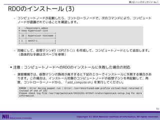 第2日 ハンズオンガイド No.1

RDOのインストール (3)
- コンピュートノードが起動したら、コントローラノードで、次のコマンドにより、コンピュート
ノードが認識されていることを確認します。
# . ~/keystonerc_admin
# nova hypervisor-list
+----+---------------------+
| ID | Hypervisor hostname |
+----+---------------------+
| 1 | opst2-1
|
+----+---------------------+

- 同様にして、仮想マシン#3（OPST3-□）を作成して、コンピュートノードとして追加します。
（具体的な手順は次ページを参照）

■

注意：コンピュートノードへのRDOのインストールに失敗した場合の対応
- 演習環境では、仮想マシンの負荷が高すぎると下記のエラーでインストールに失敗する場合があ
ります。この場合は、インストール対象のコンピュートノードの仮想マシンを再起動して、再
度、コントローラーノードから、「add_compute.sh」を実行してください。
ERROR : Error during puppet run : Error: /usr/sbin/tuned-adm profile virtual-host returned 2
instead of one of [0]
Please check log file /var/tmp/packstack/20131231-072547-nrwIvc/openstack-setup.log for more
information

32
Copyright (C) 2014 National Institute of Informatics, All rights reserved.

 