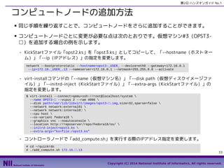 第2日 ハンズオンガイド No.1

コンピュートノードの追加方法
■

■

同じ手順を繰り返すことで、コンピュートノードをさらに追加することができます。
コンピュートノードごとに変更が必要な点は次のとおりです。仮想マシン#3（OPST3□）を追加する場合の例を示します。
- KickStartファイル「opst2.ks」を「opst3.ks」としてコピーして、「--hostname（ホストネー
ム）」「--ip（IPアドレス）」の指定を変更します。
network --bootproto=static --hostname=opst3-_USER_ --device=eth0 --gateway=172.16.0.1
--ip=172.16._USER_.13 --nameserver=172.16.0.1 --netmask=255.255.0.0 --activate

- virt-installコマンドの「--name（仮想マシン名）」「--disk path（仮想ディスクイメージファ
イル）」「--initrd-inject（KickStartファイル）」「--extra-args（KickStartファイル）」の
指定を変更します。
$ virt-install --connect=qemu+ssh://root@localhost/system 
--name OPST3-□ --vcpus 2 --ram 4096 
--disk path=/var/lib/libvirt/images/opst3-□.img,size=32,sparse=false 
--network network:external01 
--network network:internal0□ 
--cpu host 
--os-variant fedora18 
--graphics vnc --noautoconsole 
--location http://reposerver/repo/Fedora18/os/ 
--initrd-inject=opst3.ks 
--extra-args="ks=file:/opst3.ks"

- コントローラノードで「add_compute.sh」を実行する際のIPアドレス指定を変更します。
# cd ~/quickrdo
# ./add_compute.sh 172.16.□.13

33
Copyright (C) 2014 National Institute of Informatics, All rights reserved.

 
