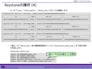 第2日 ハンズオンガイド No.1

Keystoneの操作 (4)
- ユーザ「nova」「demo_admin」「demo_user」のロールを確認します。
# keystone user-role-list --user=nova --tenant-id=4e11791e81894494a3556911d81150a9
+----------------------------------+-------+----------------------------------+----------------------------------+
|
id
| name |
user_id
|
tenant_id
|
+----------------------------------+-------+----------------------------------+----------------------------------+
| 051e475688404eebb6fd9f5084252a3e | admin | 126e744f5f1f4e9eb3c3b4f0e7a0f819 | 4e11791e81894494a3556911d81150a9 |
+----------------------------------+-------+----------------------------------+----------------------------------+
# keystone user-role-list --user=demo_admin --tenant-id=67a8d2bb80d24b26a94959081d2aaa2a
+----------------------------------+-------+----------------------------------+----------------------------------+
|
id
| name |
user_id
|
tenant_id
|
+----------------------------------+-------+----------------------------------+----------------------------------+
| 051e475688404eebb6fd9f5084252a3e | admin | 7e88f7a917c34838bec6aaa9f66e7dd2 | 67a8d2bb80d24b26a94959081d2aaa2a |
+----------------------------------+-------+----------------------------------+----------------------------------+
# keystone user-role-list --user=demo_user --tenant-id=67a8d2bb80d24b26a94959081d2aaa2a
+----------------------------------+--------+----------------------------------+----------------------------------+
|
id
| name |
user_id
|
tenant_id
|
+----------------------------------+--------+----------------------------------+----------------------------------+
| e9d37957582340d68ec238c089e47b5d | Member | 2c7a5ebb47f645c9b05d2e1a6d4c623f | 67a8d2bb80d24b26a94959081d2aaa2a |
+----------------------------------+--------+----------------------------------+----------------------------------+

- 一般ユーザ「demo_user」用の環境変数設定ファイル「keystonerc_demo_user」を下図の内容
で作成します。
keystonerc_demo_user
export
export
export
export
export

OS_USERNAME=demo_user
一般ユーザは5000番ポートを使用
OS_TENANT_NAME=demo
OS_PASSWORD=passw0rd
OS_AUTH_URL=http://172.16.□.11:5000/v2.0/
PS1='[u@h W(keystone_demo_user)]$ '

39

Copyright (C) 2014 National Institute of Informatics, All rights reserved.

 