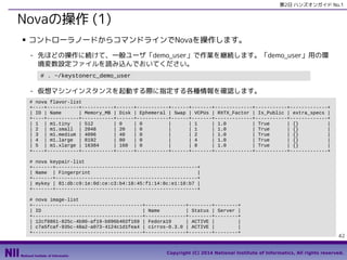 第2日 ハンズオンガイド No.1

Novaの操作 (1)
■

コントローラノードからコマンドラインでNovaを操作します。
- 先ほどの操作に続けて、一般ユーザ「demo_user」で作業を継続します。「demo_user」用の環
境変数設定ファイルを読み込んでおいてください。
# . ~/keystonerc_demo_user

- 仮想マシンインスタンスを起動する際に指定する各種情報を確認します。
# nova flavor-list
+----+-----------+-----------+------+-----------+------+-------+-------------+-----------+-------------+
| ID | Name
| Memory_MB | Disk | Ephemeral | Swap | VCPUs | RXTX_Factor | Is_Public | extra_specs |
+----+-----------+-----------+------+-----------+------+-------+-------------+-----------+-------------+
| 1 | m1.tiny
| 512
| 0
| 0
|
| 1
| 1.0
| True
| {}
|
| 2 | m1.small | 2048
| 20
| 0
|
| 1
| 1.0
| True
| {}
|
| 3 | m1.medium | 4096
| 40
| 0
|
| 2
| 1.0
| True
| {}
|
| 4 | m1.large | 8192
| 80
| 0
|
| 4
| 1.0
| True
| {}
|
| 5 | m1.xlarge | 16384
| 160 | 0
|
| 8
| 1.0
| True
| {}
|
+----+-----------+-----------+------+-----------+------+-------+-------------+-----------+-------------+
# nova keypair-list
+-------+-------------------------------------------------+
| Name | Fingerprint
|
+-------+-------------------------------------------------+
| mykey | 81:db:c9:1e:0d:ce:c3:b4:18:45:f1:14:8c:e1:10:b7 |
+-------+-------------------------------------------------+
# nova image-list
+--------------------------------------+--------------+--------+--------+
| ID
| Name
| Status | Server |
+--------------------------------------+--------------+--------+--------+
| 12cf8861-825c-4b90-af19-b096b402f169 | Fedora19
| ACTIVE |
|
| c7a5fcaf-935c-48a2-a073-4124c1d1fea4 | cirros-0.3.0 | ACTIVE |
|
+--------------------------------------+--------------+--------+--------+

42

Copyright (C) 2014 National Institute of Informatics, All rights reserved.

 