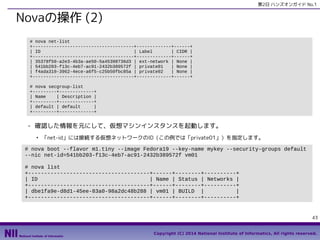 第2日 ハンズオンガイド No.1

Novaの操作 (2)
# nova net-list
+--------------------------------------+-------------+------+
| ID
| Label
| CIDR |
+--------------------------------------+-------------+------+
| 35378f50-a2e3-4b3a-ae50-5a45398736d3 | ext-network | None |
| 541bb203-f13c-4eb7-ac91-2432b389572f | private01
| None |
| f4ada310-3962-4ece-a6f5-c25b50fbc85a | private02
| None |
+--------------------------------------+-------------+------+
# nova secgroup-list
+---------+-------------+
| Name
| Description |
+---------+-------------+
| default | default
|
+---------+-------------+

- 確認した情報を元にして、仮想マシンインスタンスを起動します。
●

「net-id」には接続する仮想ネットワークのID（この例では「private01」）を指定します。

# nova boot --flavor m1.tiny --image Fedora19 --key-name mykey --security-groups default
--nic net-id=541bb203-f13c-4eb7-ac91-2432b389572f vm01
# nova list
+--------------------------------------+------+--------+----------+
| ID
| Name | Status | Networks |
+--------------------------------------+------+--------+----------+
| dbe1fa9e-d8d1-45ee-83a0-98a2dc48b288 | vm01 | BUILD |
|
+--------------------------------------+------+--------+----------+

43
Copyright (C) 2014 National Institute of Informatics, All rights reserved.

 