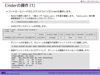 第2日 ハンズオンガイド No.1

Cinderの操作 (1)
■

コントローラノードからコマンドラインでCinderを操作します。
- 先ほどの操作に続けて、一般ユーザ「demo_user」で作業を継続します。「demo_user」用の環
境変数設定ファイルを読み込んでおいてください。
# . ~/keystonerc_demo_user

- 5GBのブロックボリュームを作成します。
# cinder create --display-name volume01 2
# cinder list
+--------------------------------------+-----------+--------------+------+-------------+----------+-------------+
|
ID
|
Status | Display Name | Size | Volume Type | Bootable | Attached to |
+--------------------------------------+-----------+--------------+------+-------------+----------+-------------+
| c95b2854-2ce9-4afd-bc32-f1b1b986a709 | available |
volume01
| 2
|
None
| false
|
|
+--------------------------------------+-----------+--------------+------+-------------+----------+-------------+

- ボリュームIDを指定して、ボリュームを起動中の仮想マシンインスタンスに接続します。
# nova volume-attach vm01 c95b2854-2ce9-4afd-bc32-f1b1b986a709 auto

- 仮想マシンインスタンスにログインして、ボリュームが接続されていることを確認します。
# ssh -i ~/mykey.pem fedora@172.16.□.101
[fedora@vm01 ~]$ lsblk
NAME
MAJ:MIN RM SIZE RO TYPE MOUNTPOINT
vda
252:0
0
2G 0 disk
└─vda1 252:1
0
2G 0 part /
vdb
252:16
0
2G 0 disk
[fedora@vm01 ~]$ exit
ログアウト

48

Copyright (C) 2014 National Institute of Informatics, All rights reserved.

 