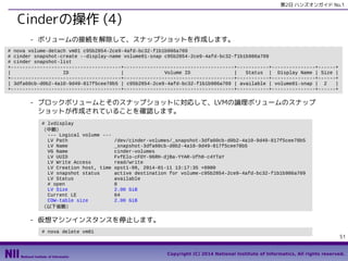 第2日 ハンズオンガイド No.1

Cinderの操作 (4)
- ボリュームの接続を解除して、スナップショットを作成します。
# nova volume-detach vm01 c95b2854-2ce9-4afd-bc32-f1b1b986a709
# cinder snapshot-create --display-name volume01-snap c95b2854-2ce9-4afd-bc32-f1b1b986a709
# cinder snapshot-list
+--------------------------------------+--------------------------------------+-----------+---------------+------+
|
ID
|
Volume ID
|
Status | Display Name | Size |
+--------------------------------------+--------------------------------------+-----------+---------------+------+
| 3dfa60cb-d0b2-4a10-9d49-817f5cee78b5 | c95b2854-2ce9-4afd-bc32-f1b1b986a709 | available | volume01-snap | 2
|
+--------------------------------------+--------------------------------------+-----------+---------------+------+

- ブロックボリュームとそのスナップショットに対応して、LVMの論理ボリュームのスナップ
ショットが作成されていることを確認します。
# lvdisplay
（中略）
--- Logical volume --LV Path
LV Name
VG Name
LV UUID
LV Write Access
LV Creation host, time
LV snapshot status
LV Status
# open
LV Size
Current LE
COW-table size
（以下省略）

/dev/cinder-volumes/_snapshot-3dfa60cb-d0b2-4a10-9d49-817f5cee78b5
_snapshot-3dfa60cb-d0b2-4a10-9d49-817f5cee78b5
cinder-volumes
FvfElo-cFOY-96RH-djBa-YYAR-Ufh8-c4YTaY
read/write
opst1-99, 2014-01-11 13:17:35 +0900
active destination for volume-c95b2854-2ce9-4afd-bc32-f1b1b986a709
available
0
2.00 GiB
64
2.00 GiB

- 仮想マシンインスタンスを停止します。
# nova delete vm01

51
Copyright (C) 2014 National Institute of Informatics, All rights reserved.

 