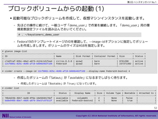 第2日 ハンズオンガイド No.1

ブロックボリュームからの起動 (1)
■

起動可能なブロックボリュームを作成して、仮想マシンインスタンスを起動します。
- 先ほどの操作に続けて、一般ユーザ「demo_user」で作業を継続します。「demo_user」用の環
境変数設定ファイルを読み込んでおいてください。
# . ~/keystonerc_demo_user

- Fedora19のテンプレートイメージのIDを確認して、--image-idオプションに指定してボリュー
ムを作成しまします。ボリュームのサイズは4GBを指定します。
# glance image-list
+--------------------------------------+--------------+-------------+------------------+-----------+--------+
| ID
| Name
| Disk Format | Container Format | Size
| Status |
+--------------------------------------+--------------+-------------+------------------+-----------+--------+
| c7a5fcaf-935c-48a2-a073-4124c1d1fea4 | cirros-0.3.0 | qcow2
| bare
| 9761280
| active |
| 12cf8861-825c-4b90-af19-b096b402f169 | Fedora19
| qcow2
| bare
| 237371392 | active |
+--------------------------------------+--------------+-------------+------------------+-----------+--------+
# cinder create --image-id 12cf8861-825c-4b90-af19-b096b402f169 --display-name Fedora19-bootvol 4

- 作成したボリュームの「Sataus」が「available」になるまでしばらく待ちます。
●

作成したボリュームは「Bootable」が「true」になっています。

# cinder list
+--------------------------------------+-----------+------------------+------+-------------+----------+-------------+
|
ID
|
Status |
Display Name
| Size | Volume Type | Bootable | Attached to |
+--------------------------------------+-----------+------------------+------+-------------+----------+-------------+
| 78b4d23b-3b57-4a38-9f6e-10e5048170ef | available |
volume01
| 2
|
None
| false
|
|
| bdde9405-8be7-48d5-a879-35e37c97512f | available | Fedora19-bootvol | 4
|
None
|
true
|
|
+--------------------------------------+-----------+------------------+------+-------------+----------+-------------+
52
Copyright (C) 2014 National Institute of Informatics, All rights reserved.

 