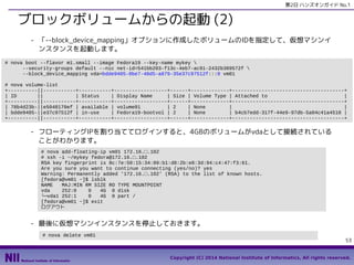 第2日 ハンズオンガイド No.1

ブロックボリュームからの起動 (2)
- 「--block_device_mapping」オプションに作成したボリュームのIDを指定して、仮想マシンイ
ンスタンスを起動します。
# nova boot --flavor m1.small --image Fedora19 --key-name mykey 
--security-groups default --nic net-id=541bb203-f13c-4eb7-ac91-2432b389572f 
--block_device_mapping vda=bdde9405-8be7-48d5-a879-35e37c97512f:::0 vm01
# nova volume-list
+----------||-----------+-----------+------------------+------+-------------+--------------------------------------+
| ID
||
| Status
| Display Name
| Size | Volume Type | Attached to
|
+----------||-----------+-----------+------------------+------+-------------+--------------------------------------+
| 78b4d23b-||e5048170ef | available | volume01
| 2
| None
|
|
| bdde9405-||e37c97512f | in-use
| Fedora19-bootvol | 2
| None
| b4cb7edd-317f-44e9-97db-5a04c41a4510 |
+----------||-----------+-----------+------------------+------+-------------+--------------------------------------+

- フローティングIPを割り当ててログインすると、4GBのボリュームがvdaとして接続されている
ことがわかります。
# nova add-floating-ip vm01 172.16.□.102
# ssh -i ~/mykey fedora@172.16.□.102
RSA key fingerprint is 8c:7e:50:15:34:89:b1:d8:2b:e8:3d:94:c4:47:f3:61.
Are you sure you want to continue connecting (yes/no)? yes
Warning: Permanently added '172.16.□.102' (RSA) to the list of known hosts.
[fedora@vm01 ~]$ lsblk
NAME
MAJ:MIN RM SIZE RO TYPE MOUNTPOINT
vda
252:0
0
4G 0 disk
└─vda1 252:1
0
4G 0 part /
[fedora@vm01 ~]$ exit
ログアウト

- 最後に仮想マシンインスタンスを停止しておきます。
# nova delete vm01

53
Copyright (C) 2014 National Institute of Informatics, All rights reserved.

 
