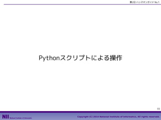 第2日 ハンズオンガイド No.1

Pythonスクリプトによる操作

55
Copyright (C) 2014 National Institute of Informatics, All rights reserved.

 