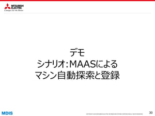 COPYRIGHT © 2016 MITSUBISHI ELECTRIC INFORMATION SYSTEMS CORPORATION ALL RIGHTS RESERVED 3030COPYRIGHT © 2015 MITSUBISHI ELECTRIC INFORMATION SYSTEMS CORPORATION ALL RIGHTS RESERVED
30
デモ
シナリオ:MAASによる
マシン自動探索と登録
 
