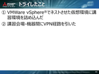 COPYRIGHT © 2016 MITSUBISHI ELECTRIC INFORMATION SYSTEMS CORPORATION ALL RIGHTS RESERVED 44
トライしたこと
① VMWare vSphere®でネストさせた仮想環境に講
習環境を詰め込んだ
② 講習会場-機器間にVPN経路を引いた
 