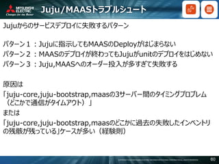 COPYRIGHT © 2016 MITSUBISHI ELECTRIC INFORMATION SYSTEMS CORPORATION ALL RIGHTS RESERVED 60
Juju/MAASトラブルシュート
Jujuからのサービスデプロイに失敗するパターン
パターン１：Jujuに指示してもMAASのDeployがはじまらない
パターン２：MAASのデプロイが終わってもJujuがunitのデプロイをはじめない
パターン３：Juju,MAASへのオーダー投入が多すぎて失敗する
原因は
「juju-core,juju-bootstrap,maasの3サーバー間のタイミングプロブレム
（どこかで通信がタイムアウト）」
または
「juju-core,juju-bootstrap,maasのどこかに過去の失敗したインベントリ
の残骸が残っている」ケースが多い（経験則）
 