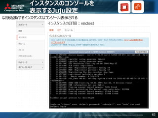 COPYRIGHT © 2016 MITSUBISHI ELECTRIC INFORMATION SYSTEMS CORPORATION ALL RIGHTS RESERVED 63
インスタンスのコンソールを
表示するJuju設定
以後起動するインスタンスはコンソール表示される
 