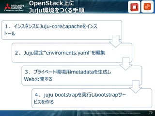 COPYRIGHT © 2016 MITSUBISHI ELECTRIC INFORMATION SYSTEMS CORPORATION ALL RIGHTS RESERVED 79
OpenStack上に
Juju環境をつくる手順
１．インスタンスにJuju-coreとapacheをインス
トール
２．Juju設定"enviroments.yaml"を編集
３．プライベート環境用metadataを生成し
Web公開する
４．juju bootstrapを実行しbootstrapサー
ビスを作る
 