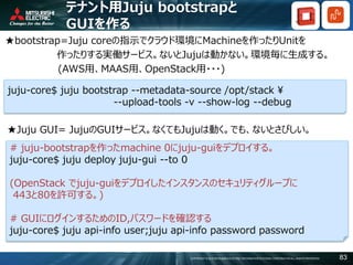 COPYRIGHT © 2016 MITSUBISHI ELECTRIC INFORMATION SYSTEMS CORPORATION ALL RIGHTS RESERVED 83
テナント用Juju bootstrapと
GUIを作る
★bootstrap=Juju coreの指示でクラウド環境にMachineを作ったりUnitを
作ったりする実働サービス。ないとJujuは動かない。環境毎に生成する。
(AWS用、MAAS用、OpenStack用・・・)
juju-core$ juju bootstrap --metadata-source /opt/stack ¥
--upload-tools -v --show-log --debug
★Juju GUI= JujuのGUIサービス。なくてもJujuは動く。でも、ないとさびしい。
# juju-bootstrapを作ったmachine 0にjuju-guiをデプロイする。
juju-core$ juju deploy juju-gui --to 0
(OpenStack でjuju-guiをデプロイしたインスタンスのセキュリティグループに
443と80を許可する。)
# GUIにログインするためのID,パスワードを確認する
juju-core$ juju api-info user;juju api-info password password
 