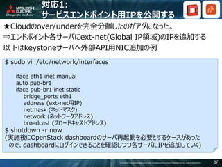 COPYRIGHT © 2016 MITSUBISHI ELECTRIC INFORMATION SYSTEMS CORPORATION ALL RIGHTS RESERVED 87
対応1:
サービスエンドポイント用IPを公開する
★Cloudのover/underを完全分離したのがアダになった。
⇒エンドポイント各サーバにext-net(Global IP領域)のIPを追加する
以下はkeystoneサーバへ外部API用NIC追加の例
$ sudo vi /etc/network/interfaces
iface eth1 inet manual
auto pub-br1
iface pub-br1 inet static
bridge_ports eth1
address (ext-net用IP)
netmask (ネットマスク)
network (ネットワークアドレス)
broadcast (ブロードキャストアドレス)
$ shutdown -r now
(実施後にOpenStack dashboardのサーバ再起動を必要とするケースがあった
ので、dashboardにログインできることを確認しつつ各サーバにIPを追加していく)
 